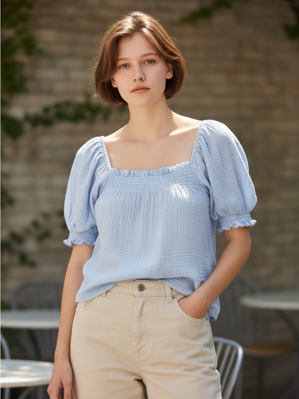 J. Crew Pale Blue Puff Sleeve Gauze Blouse